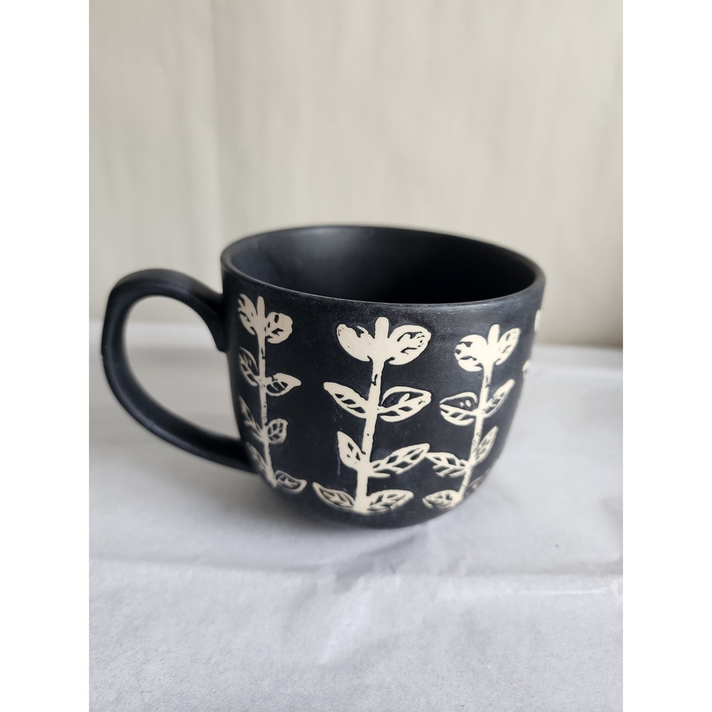 The Old Pottery Company Matte Black Botanical Mug Stoneware Cream Leaf Pattern